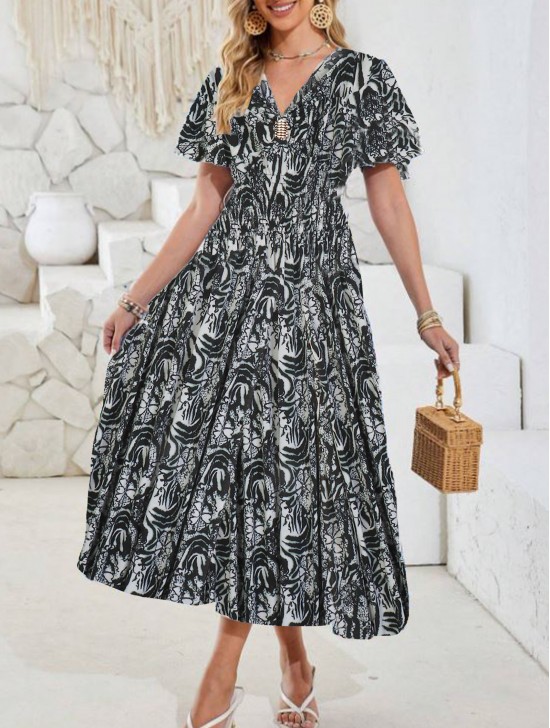 Abstract V -Neck Short Sleeved Summer Dress